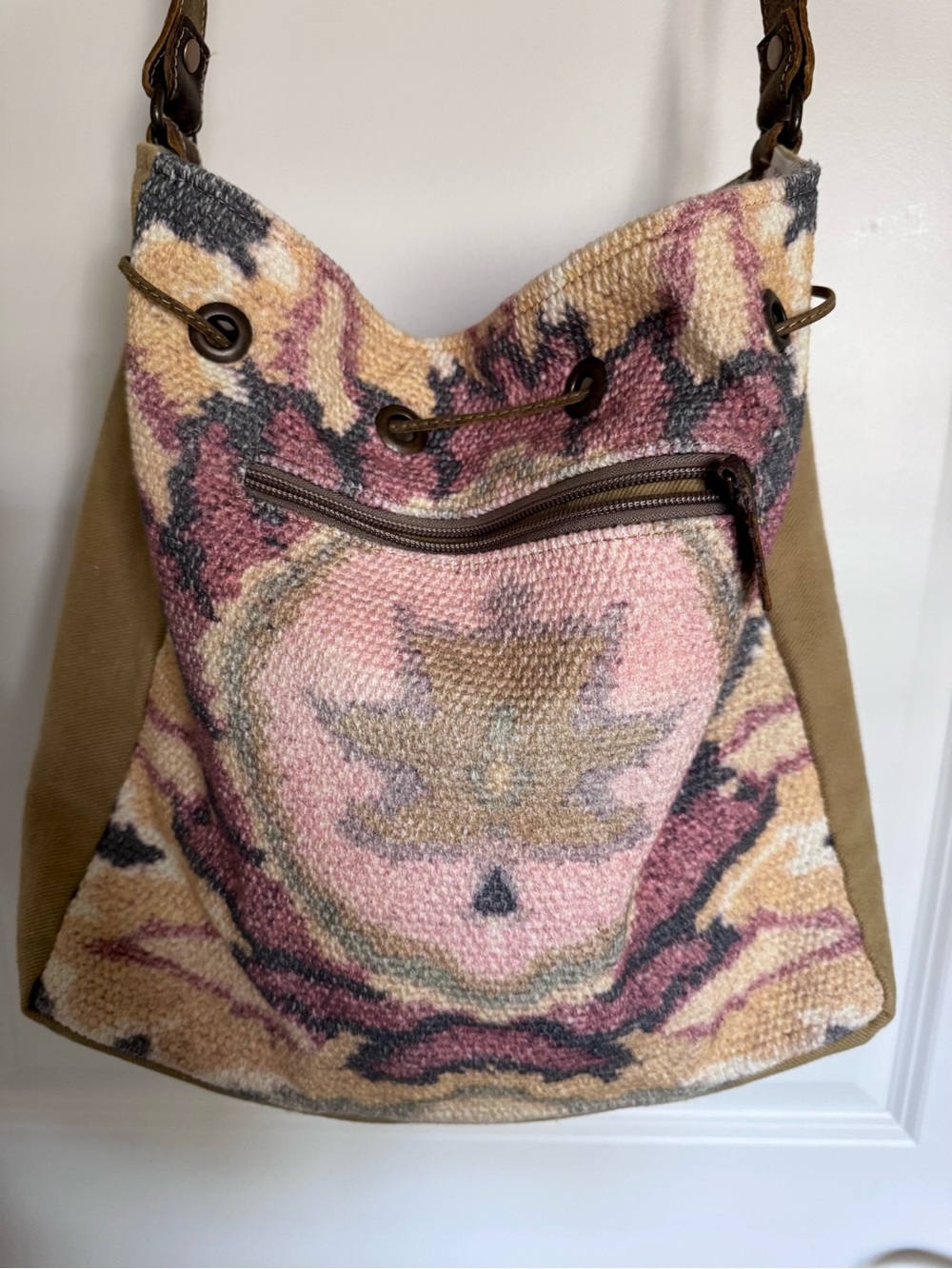MYRA BAG Tan and Pink Boho Drawstring Shoulder Bucket Bag - Picture 7 of 14